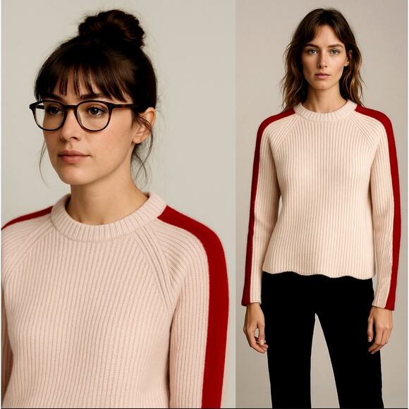Jenni Kayne XS Iconic 100% Cashmere Fisherman Sweater $425 Light Pink Red Stripe - Picture 1 of 7